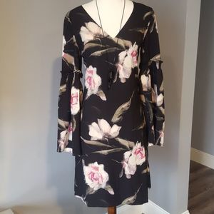 White House Black Market black and pink floral bell-sleeve shift dress